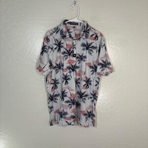 Byrdgang Polo Shirt Mens Medium White Pink Palm Tree Tropical Golf Stretch